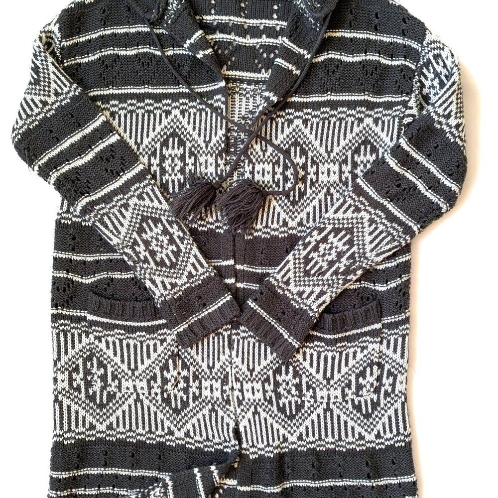 FOREVER 21 Long Knit Sweater Cardigan Jacket with Hood Green/White Size 8 - Picture 3 of 8